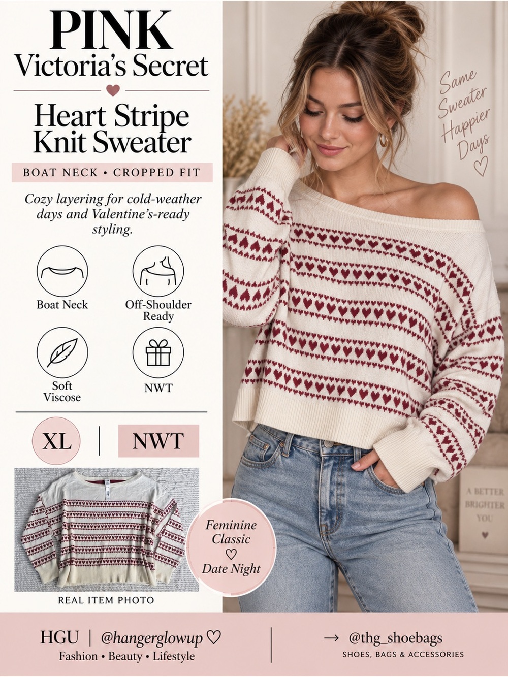PINK Victoria’s Secret Heart Stripe Sweater Cream Burgundy XL NWT